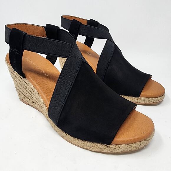 Andre Assous Wedge Sandal Women 7.5M Nalik Black Suede Braid Open Toe Espadrille - Picture 1 of 10